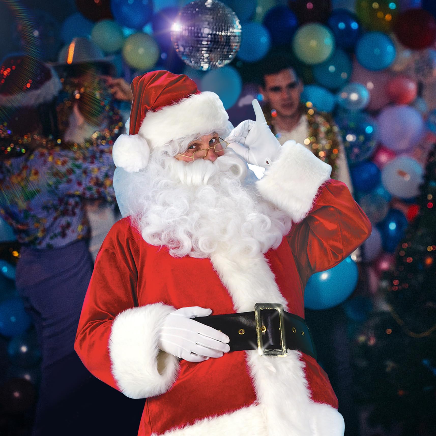 Costume de Père Noël 11 pièces/ensemble tenue de Père Noël pour hommes et femmes, costumes comprenant une veste, un pantalon, un chapeau, une perruque, des lunettes, des gants, cloches