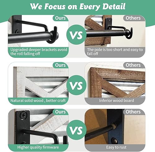 Miniatura 4 de Portarrollos de papel higiénico rústico y anillo de toalla con metal galvanizado y metal negro, soporte de pared de madera blanca envejecida rústica