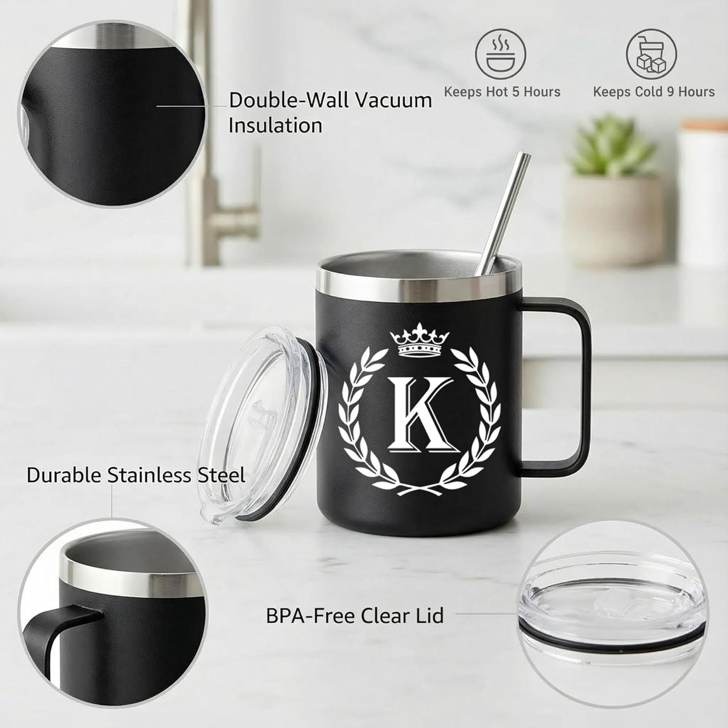 Personalized Mugs for Men, Letter K Insulated Coffee Mug with Lid and Handle, Letter K Gift Coffee Mugs for Men, Best Friend, Brother, Dad, Boyfriend, Grandpa, Grandfather, Husband 12OZ Black - Image 6