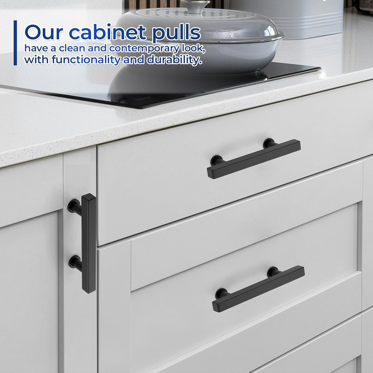 JOY DECOR 30 Pack Matte Black 3 Inch Hole Center Cabinet Hardware Handles Stainless Steel Square Dresser Pulls Black Kitchen Drawer Handles for Cabinets