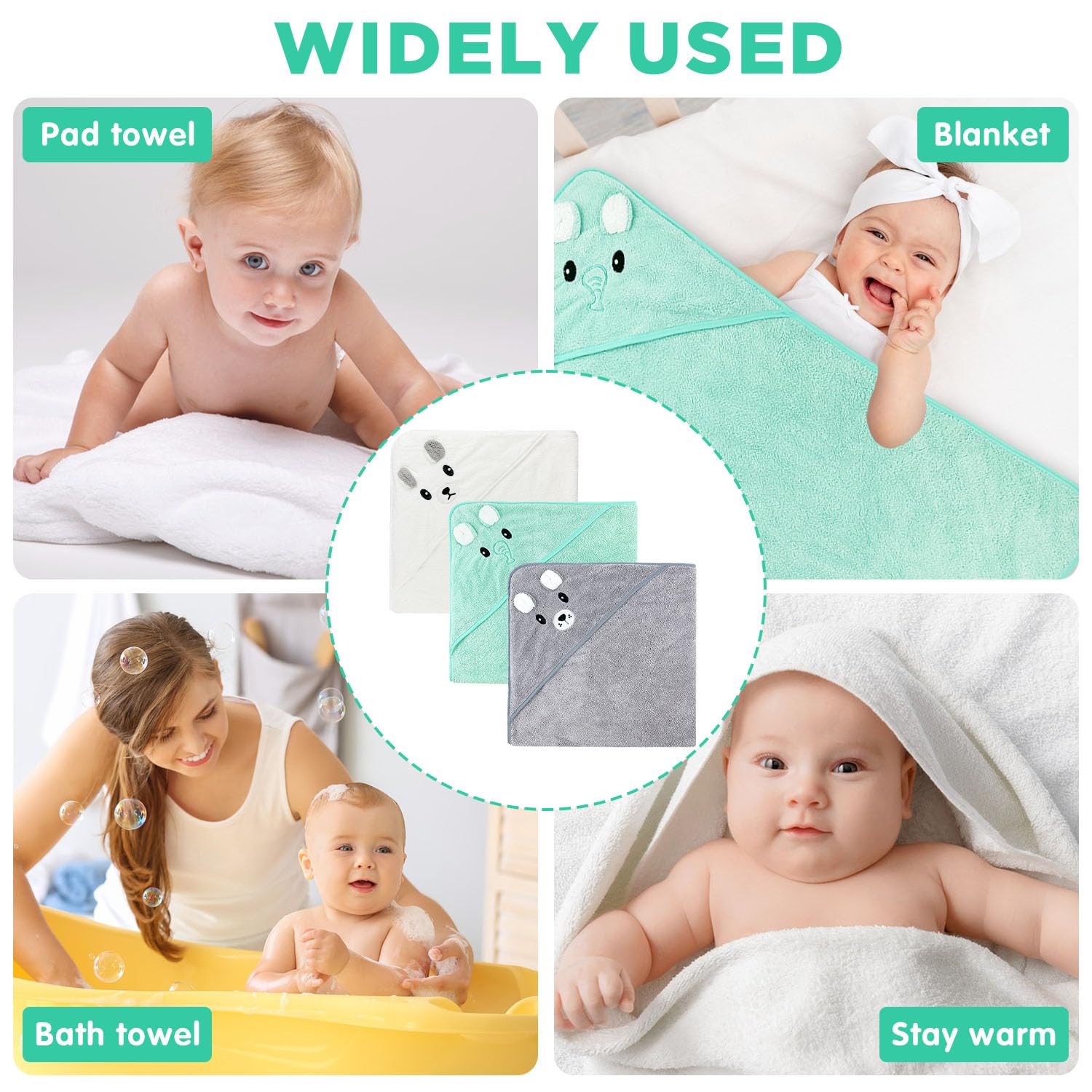 Serviette Sortie de Bain Bebe, 3 Pièces 80 * 80cm Serviettes et Sorties de Bain, Super Absorbante, Serviettes pour Enfants en Bas âge avec Trois Motifs