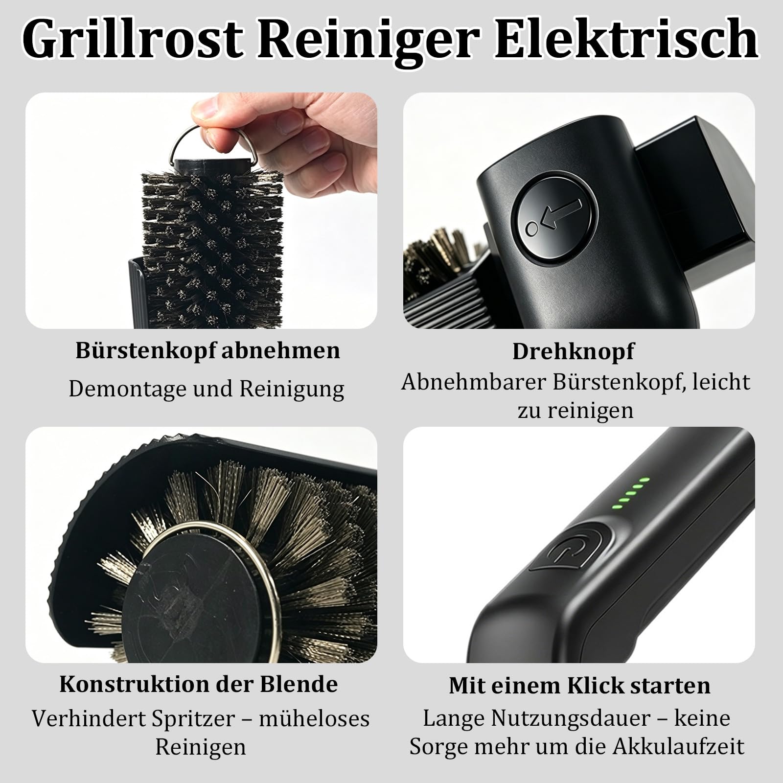 Elektrische Grillbürste, Elektrische Grill Reinigungsbürste mit 180° Verstellbarem Winkel, Wiederaufladbarer Grillreiniger, 3-Stufen Reinigung, Austauschbare Edelstahl-Bürstenkopf für Grillrost