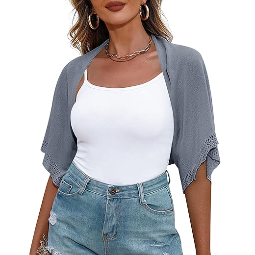 Totatuit Women Open Front Bolero Shrug Crochet Hand Knitted Shoulder Beach Cover Up Loose Sheer Knit Cardigan Gray