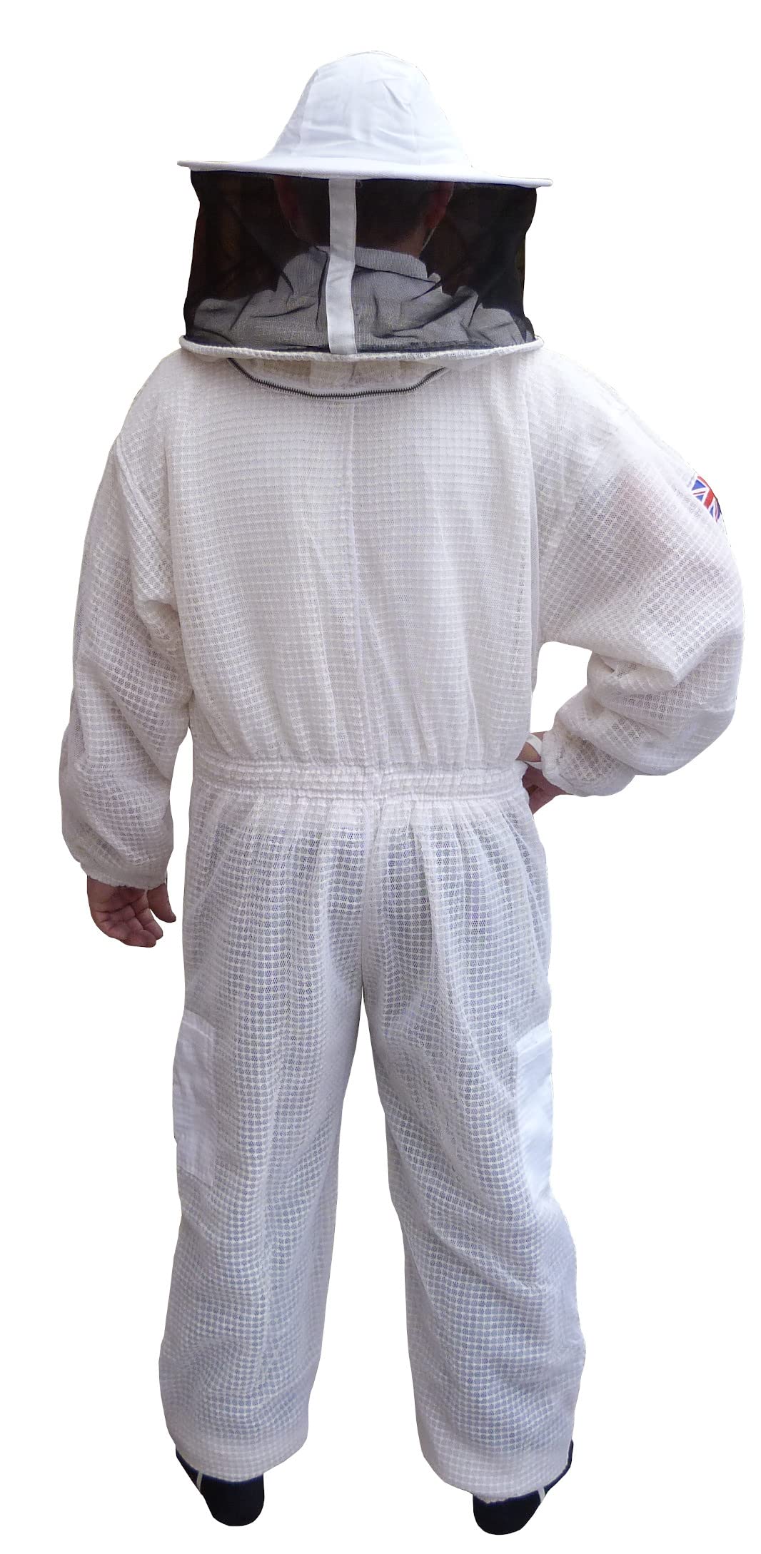 AGS Tuta da apicoltura ventilata a 3 strati con cappello rotondo a velo - Tuta integrale da apicoltura, rete traspirante, cerniere YKK, tuta da apicoltore unisex - Bianco, bianco, L