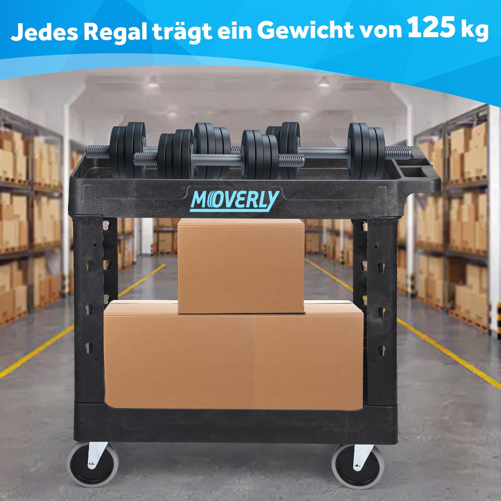 Schwerlast Kunststoff-Servierwagen, 87 x 42.5 cm, 2-stufiger Servicewagen mit tiefen Regalen, voll schwenkbaren Rädern, 250 kg Kapazität – Rollwagen, Trolley, Werkzeugorganisator, Transportwagen
