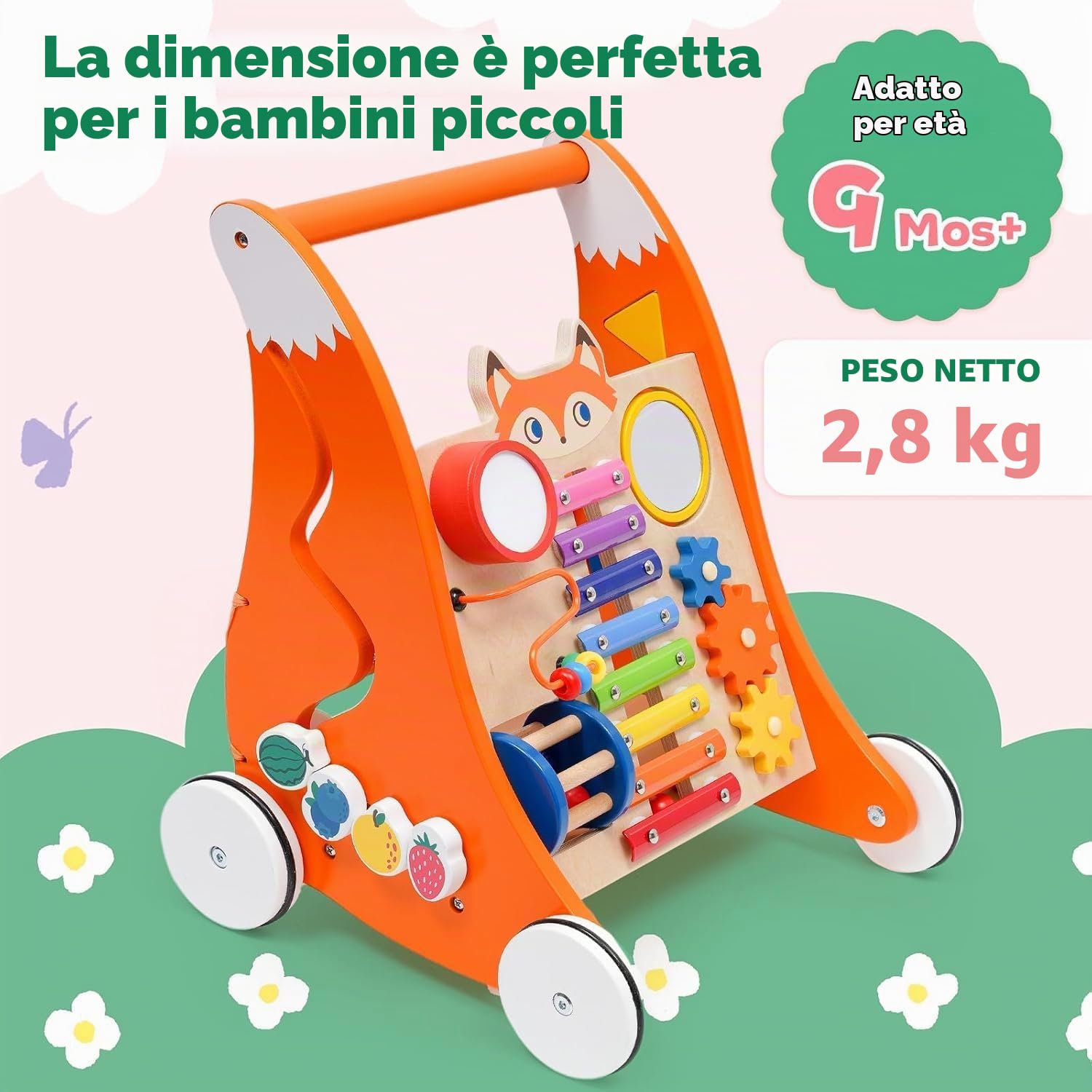 Carrellino Primi Passi,Girello Per Bambini 6-18 mesi - Giocattolo in legno Con Musica e gioco di forme,Giocattolo multifunzionale Montessori,Carrello primi passi legno,Regalo per bambini e bambine