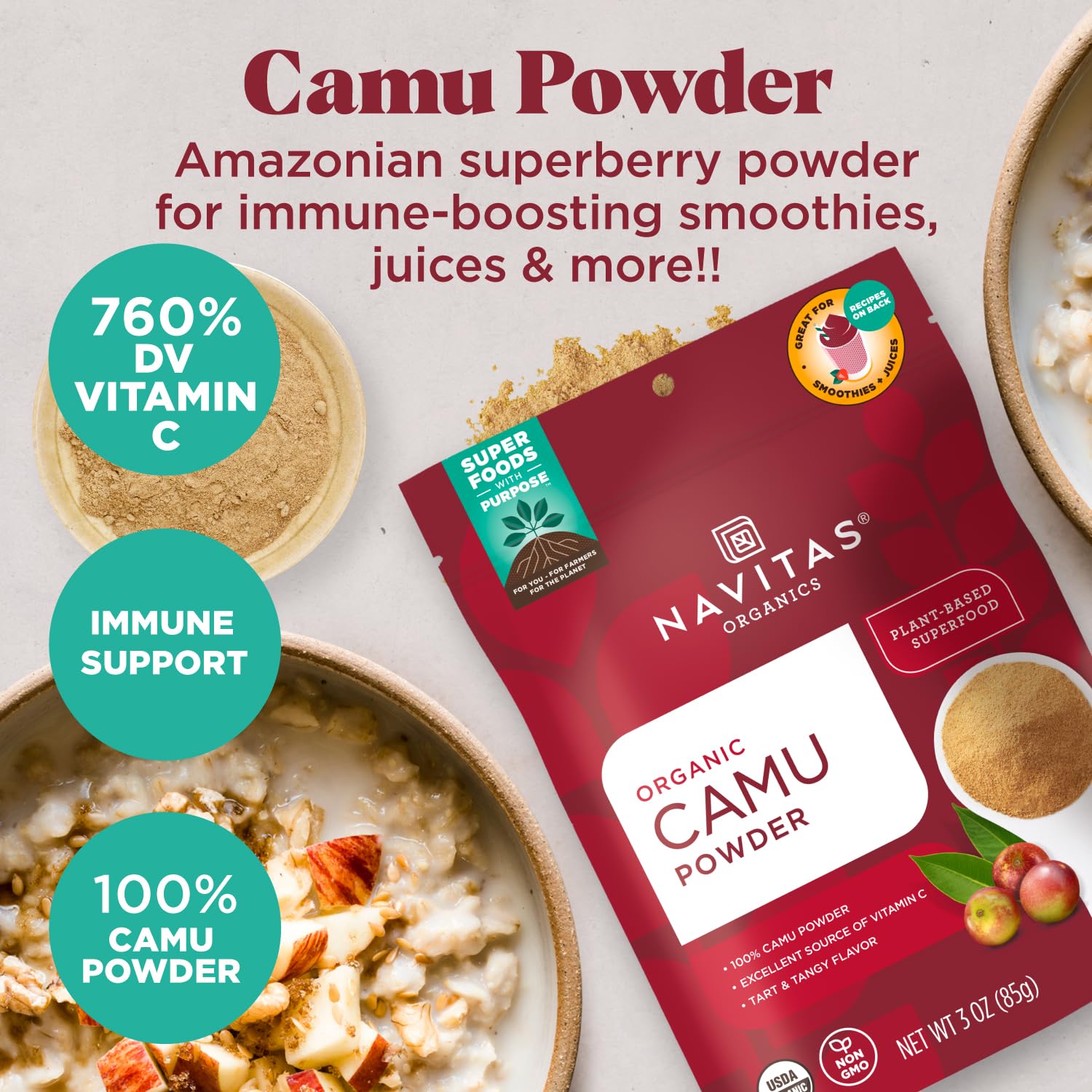 Navitas Organics Camu Powder – For Smoothies, Juices, Wellness Shots & More – Vitamin C, Antioxidants – Immune Support – USDA Organic, Non GMO, Kosher Gluten Free, Vegan (3oz - Bag) - Image 3