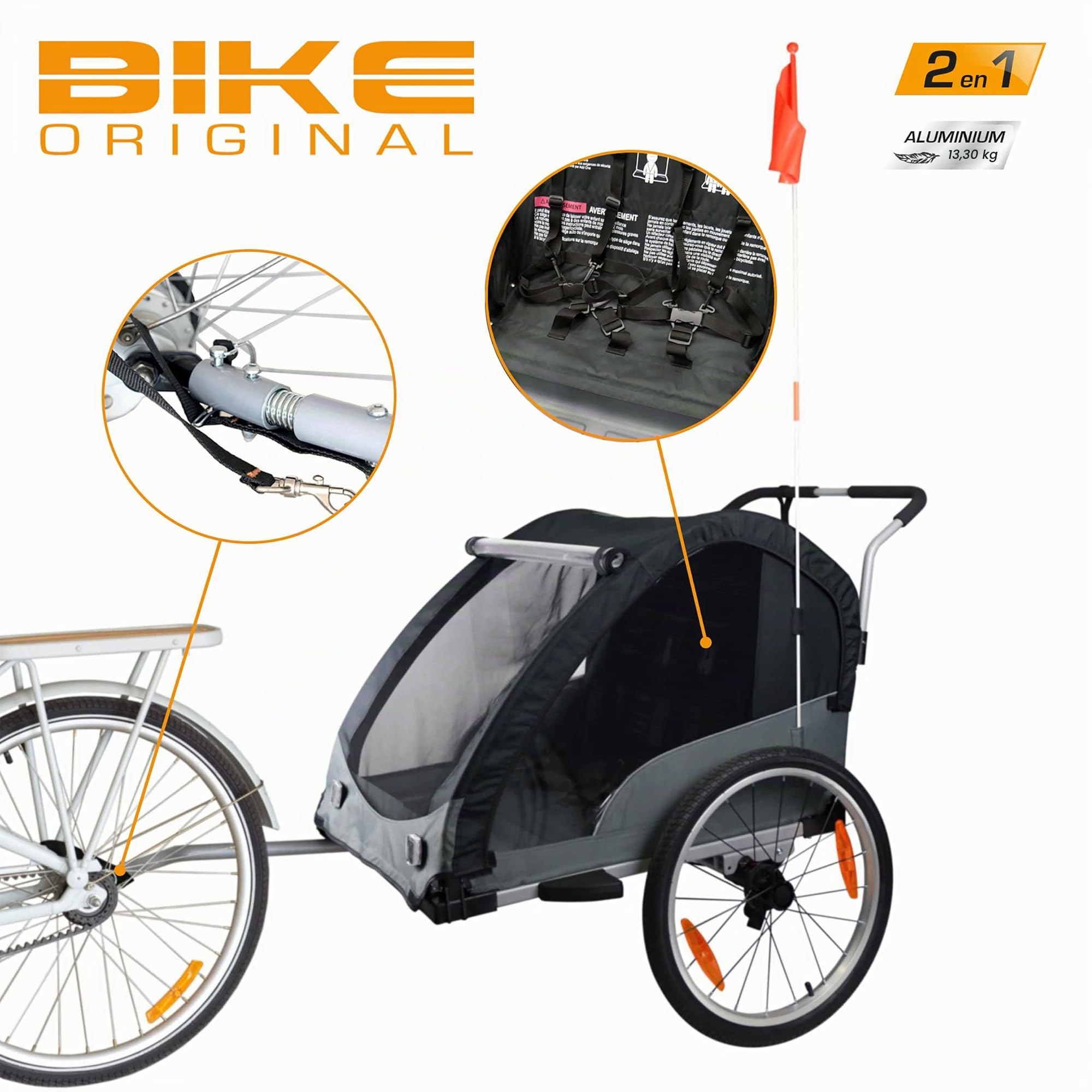 Bike Original - Remorque de Vélo Convertible en Poussette Enfant en Aluminium - Jusqu'à 2 Enfants - Pliable, Capote Toutes Saisons, Frein à Main et Position Parking, suspensions