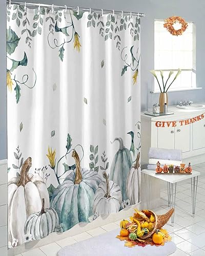 Miniatura 5 de Cortinas de ducha de otoño con diseño de calabaza para baño, cortina de ducha de tela verde azulado con ganchos, hojas de eucalipto, juego de