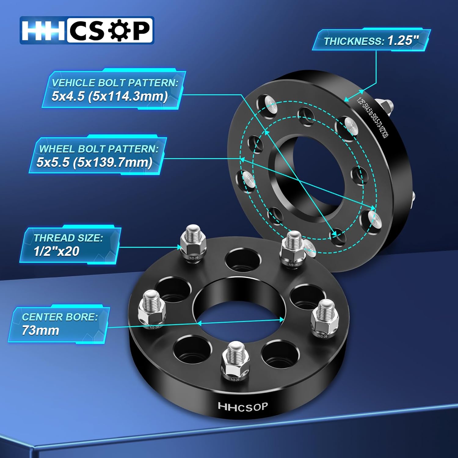 HHCSOP 5x4.5 to 5x5.5 Wheel Spacers, 1.25" 5x114.3 to 5x139.7 Wheel Adapters for Ford Mustang Ranger Edge Crown Victoria Explorer | Jeep Wrangler Liberty Grand Cherokee with 1/2x20 Studs & 73mm Bore