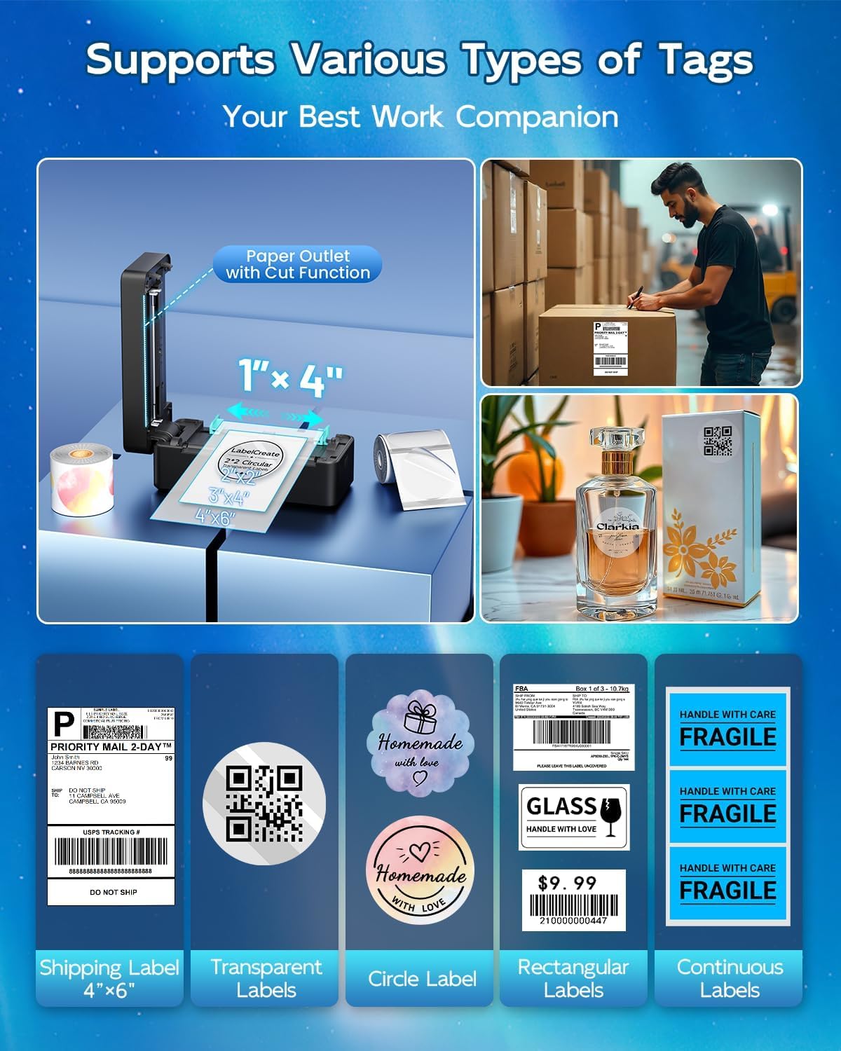 Stampante termica per etichette di Bluetooth, 4x6 stampante per etichette di spedizione per indirizzo postale piccola impresa, Compatibile con Ebay, Amazon, Etsy, UPS, Wish, Shopify, Zalando, DHL