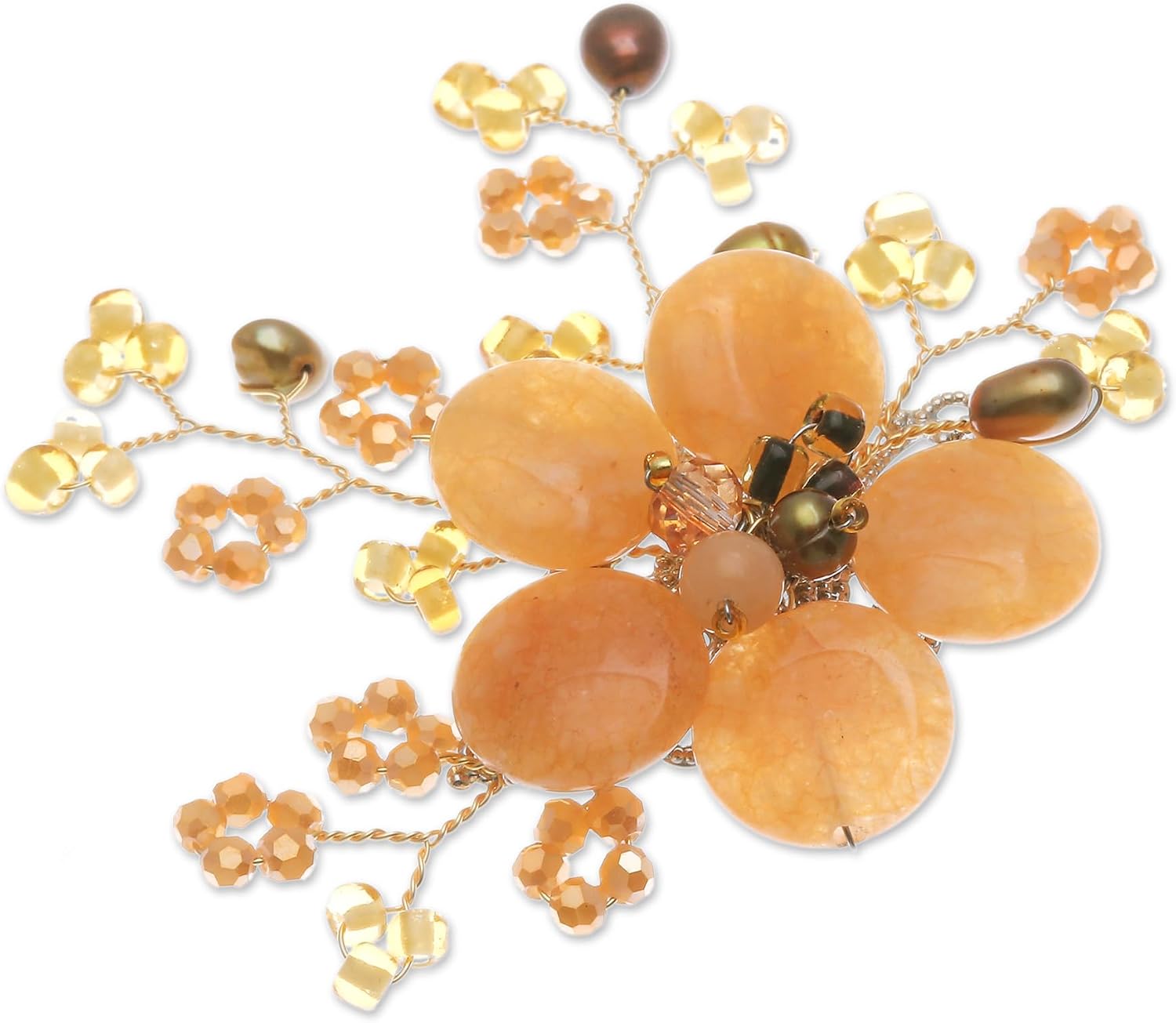 NOVICA Multi-Gem Quartz Dyed Green Cultured Freshwater Pearl Copper Brooch 'Petals of Optimism'