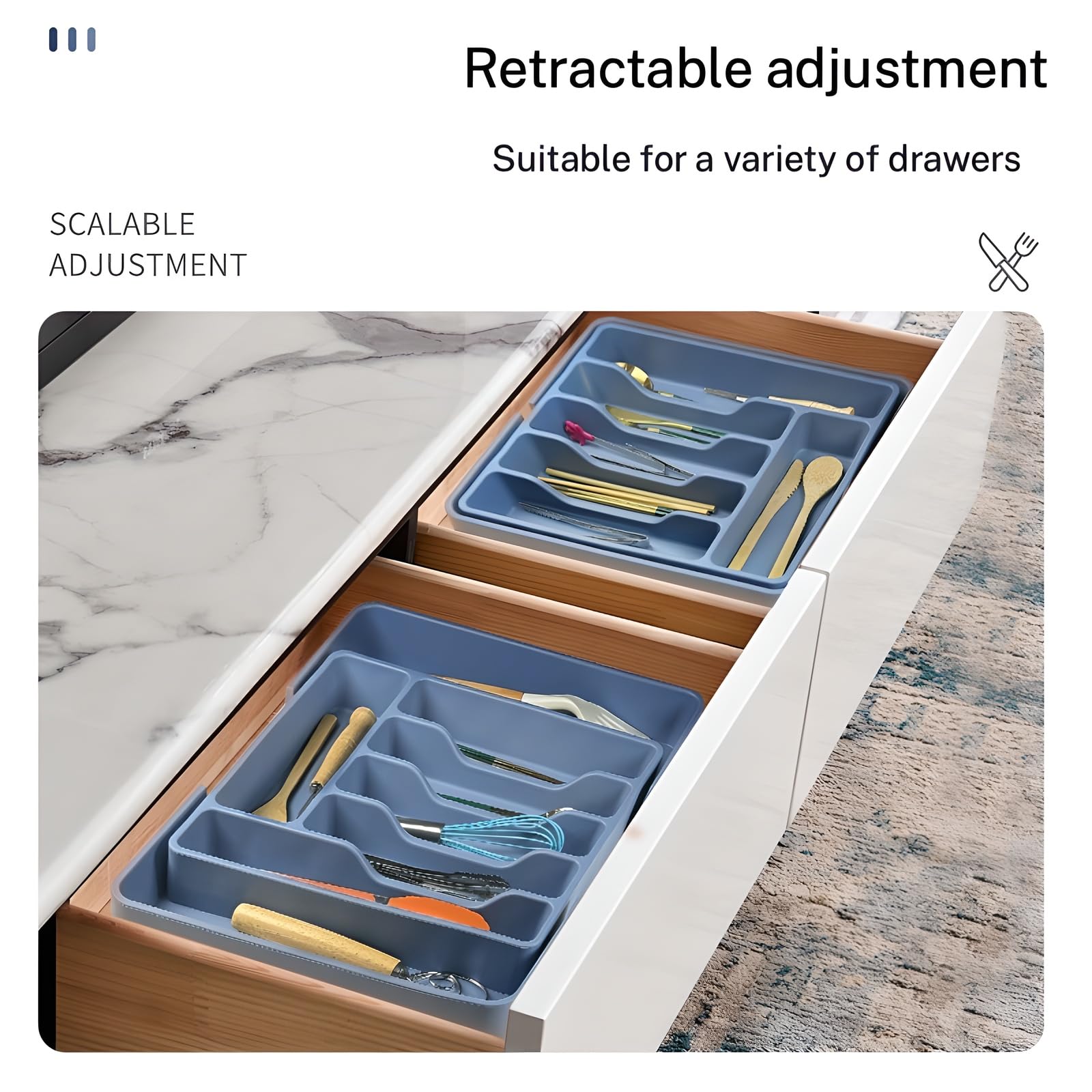 Organiseur de tiroir pour argenterie, porte-ustensiles, organiseur de tiroir de cuisine, en silicone, antidérapant, sans BPA, réglable, extensible, grande capacité de rangement, cuillère,