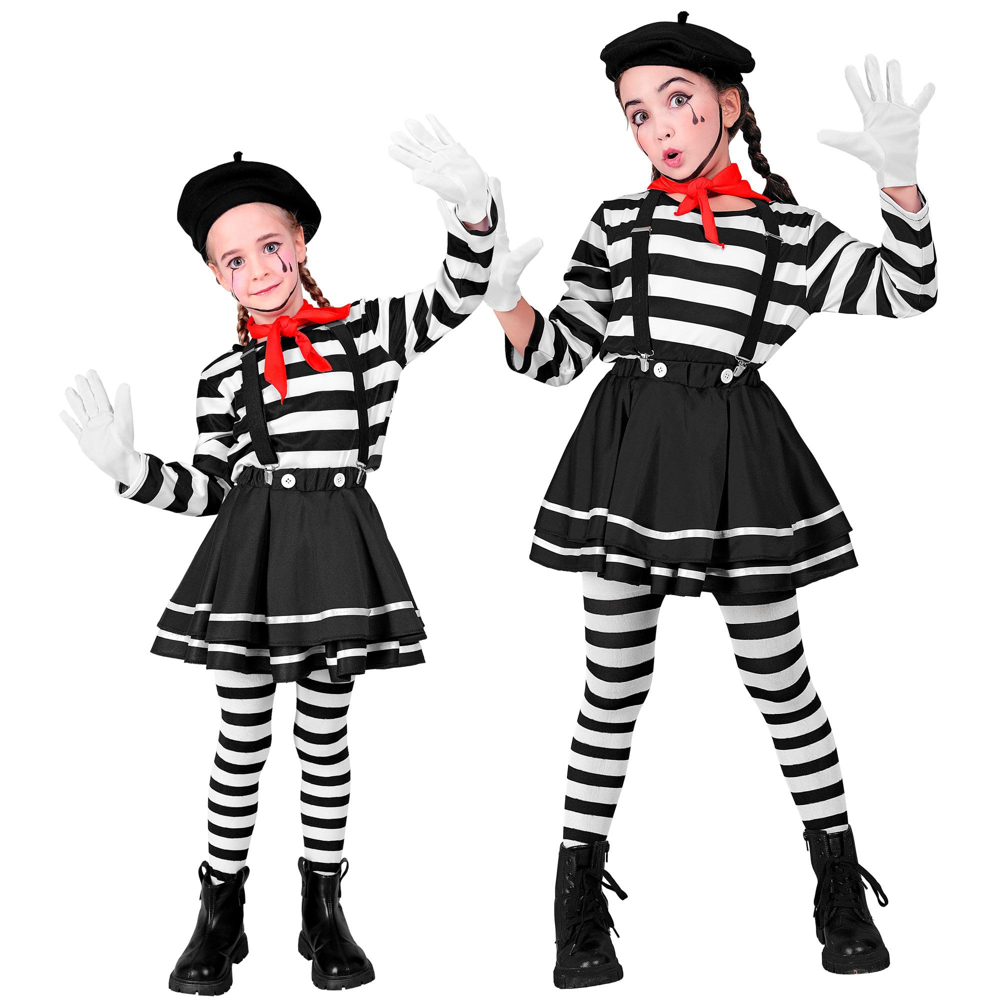 W WIDMANN MILANO Party Fashion - Disfraz infantil de mimo, conjunto compuesto por blusa, falda, pañuelo, guantes y gorro, para carnaval
