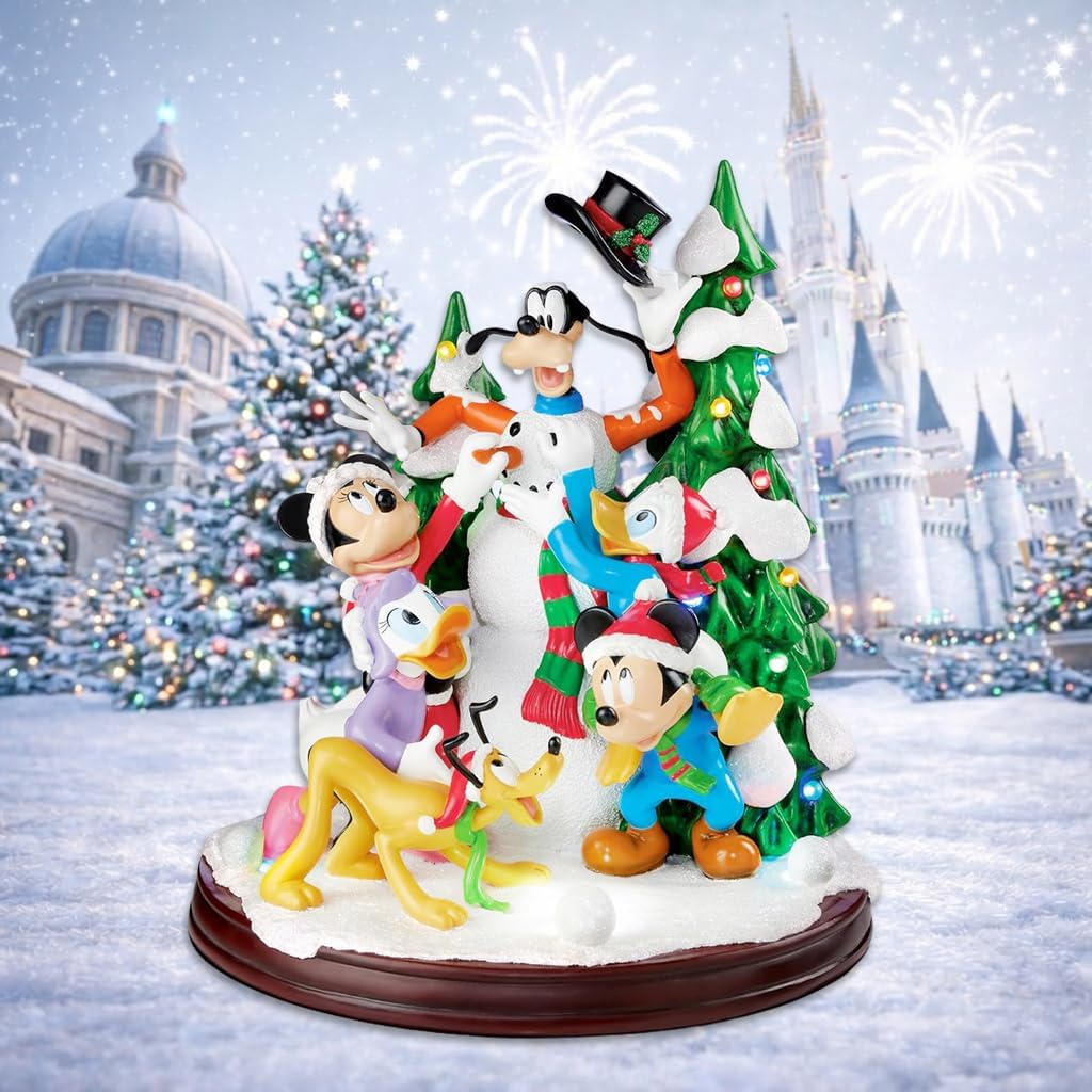 MOMENTS IN TIME Disney Characters Building a Snowman 15.5” LED Musical Holiday Decoration Timer & Volume Control Handcrafted Christmas Centerpiece Battery Operated