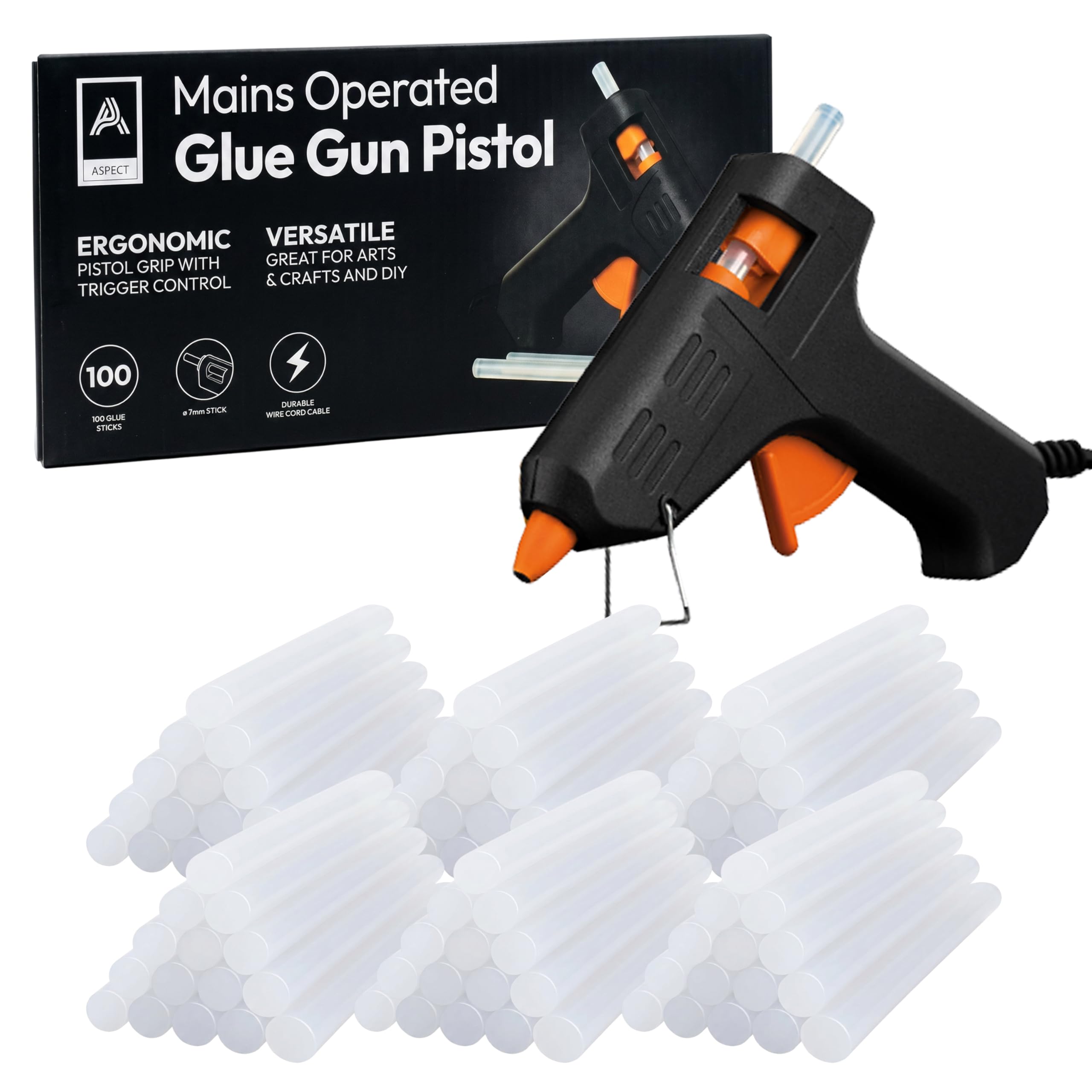 Aspect Hot Glue Gun Mini Fireproof Kit with 100 Glue Sticks 7mm, 20W Fast Heating, DIY for School Crafts, Tool, Home Repairs, Cardboard, Plastic and Glass Pistol Design