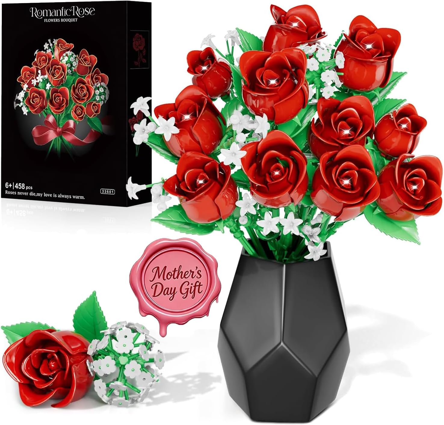 Mother's Day Roses Flower Bouquet Kit, Red Rose Building Flower Bouquet Kit for Adults & Kids, DIY Artificial Flowers Set for Home Decor, Botanical Collection DIY Rose Toy Kit, Home Office Decor
