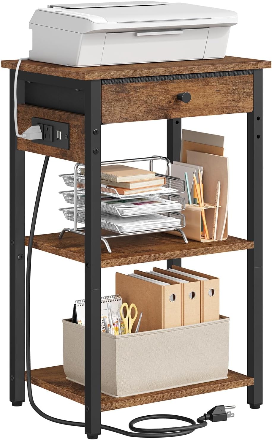 Gewudraw Printer Stand with Charging Station, 3-Tier Under Desk Printer Table, End Table with Storage Shelves for Home Office, Living Room,Bedroom,Bathroom,Brown