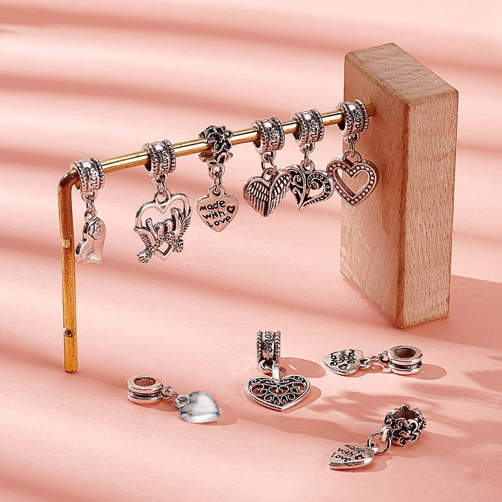 CHGCRAFT 54Pcs 9Styles Love Heart Pendants Tibetan Style Alloy European Dangle Charms Jewelry Making Charms for Necklace Bracelet Jewelry Making and Crafting, Antique Silver