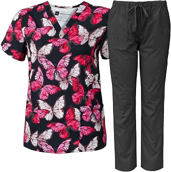 Medgear Women Scrubs V-neck Print Top and Multi-pocket Scrubs Pants Combo