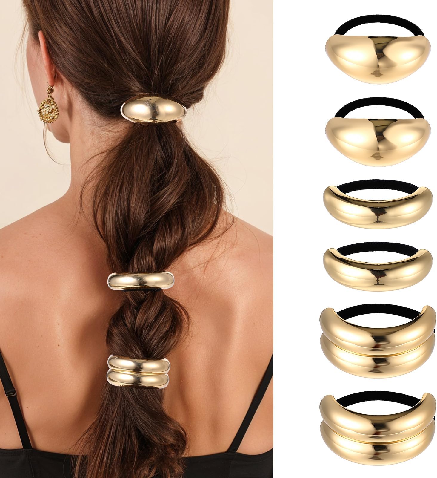 6 PCS Gold Hair Ties Metal Hair Tie Ponytail Cuff with Elastic Ties Elegant Durable Gold Geometric Design Cuffs Holders Fashion Glossy Arch Accessories 3 Styles Thick Hairs Styling