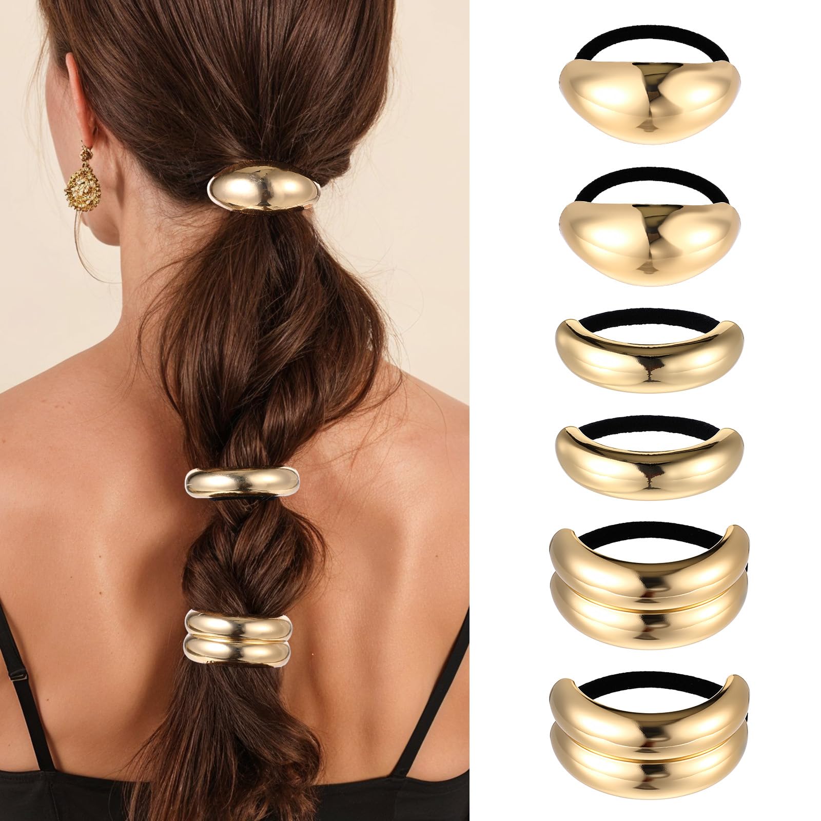 6 PCS Gold Hair Ties Metal Hair Tie Ponytail Cuff with Elastic Ties Elegant Durable Gold Geometric Design Cuffs Holders Fashion Glossy Arch Accessories 3 Styles Thick Hairs Styling