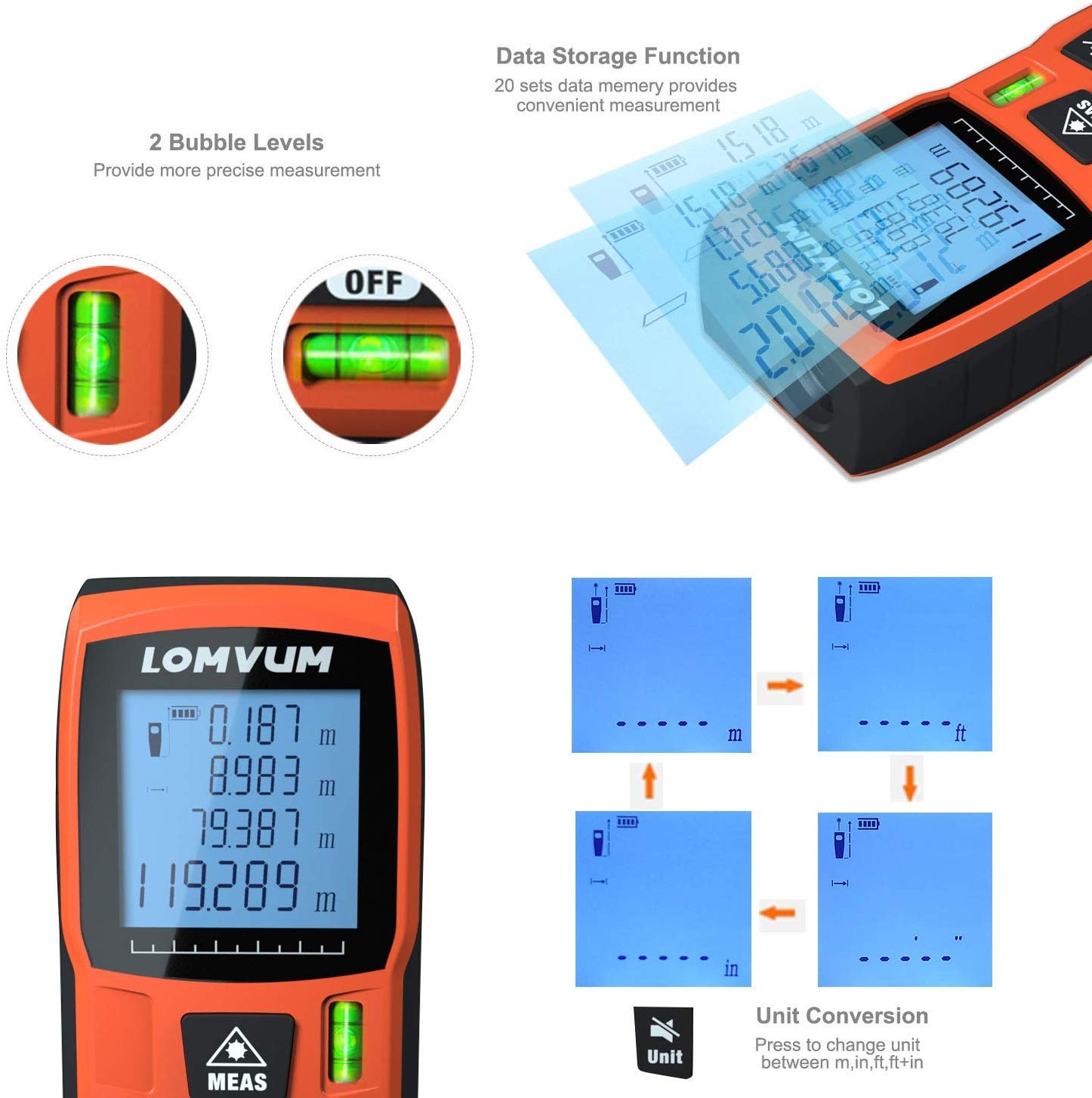 LOMVUM 120m Laser Measure, 393ft Digital Laser Distance Meter with Mute Function Large LCD
