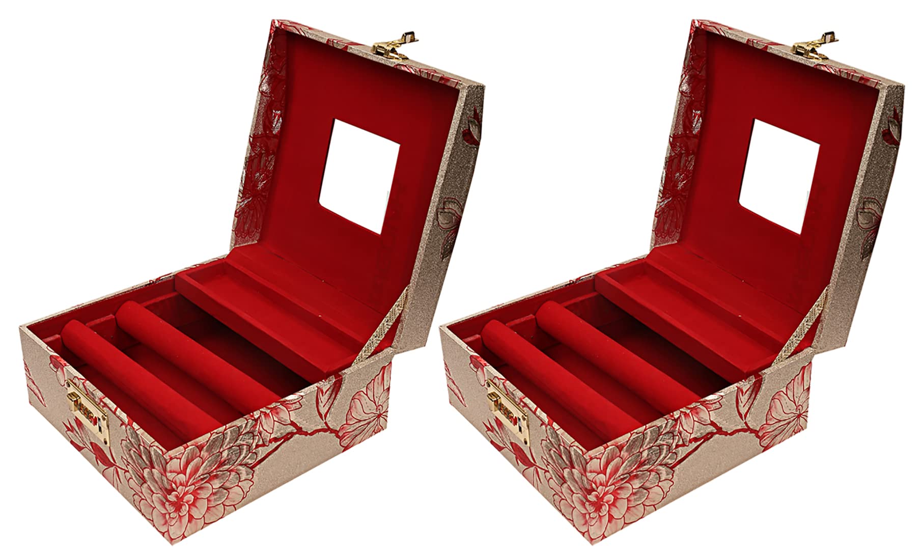 Kuber Industries Circle Design Wooden Jewellery organizer/Makeup Box/Cosmetic Box With 2 Bangle Rod, Mirror & Number Lock System - Pack of 2 (Gold)-47KM0544
