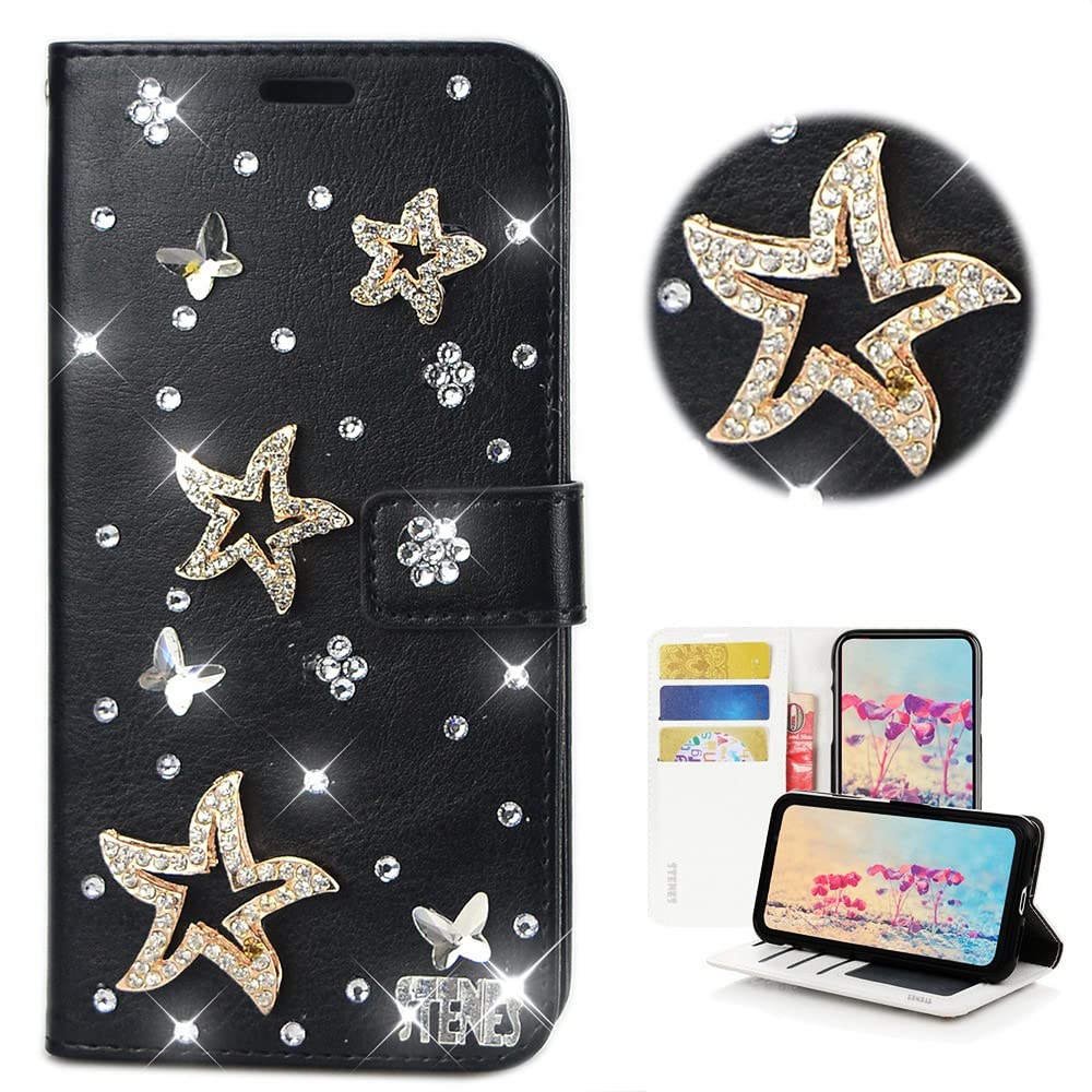 STENES Bling Wallet Phone Case Compatible with Moto Edge 2024 Case - Stylish - 3D Handmade Star Butterfly Design Magnetic Wallet Stand Girls Women Leather Cover - Black