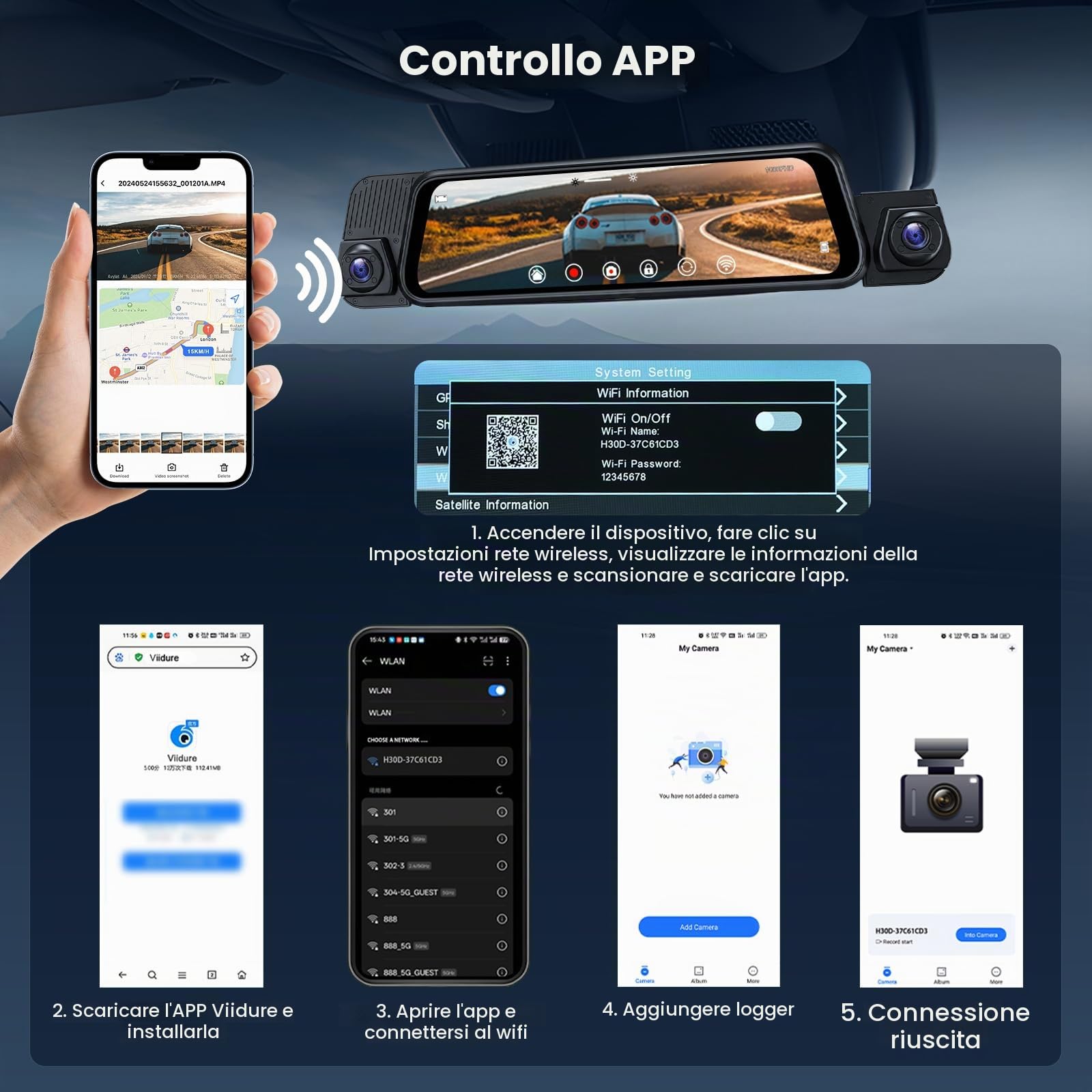 Specchio Retrovisore Auto 10 pollici Touchscreen, 4 Canali 1080P Dash Cam Specchietto Retrovisore con Scheda 64 GB, Visione notturna grandangolare 150°/rEgistrazione in loop