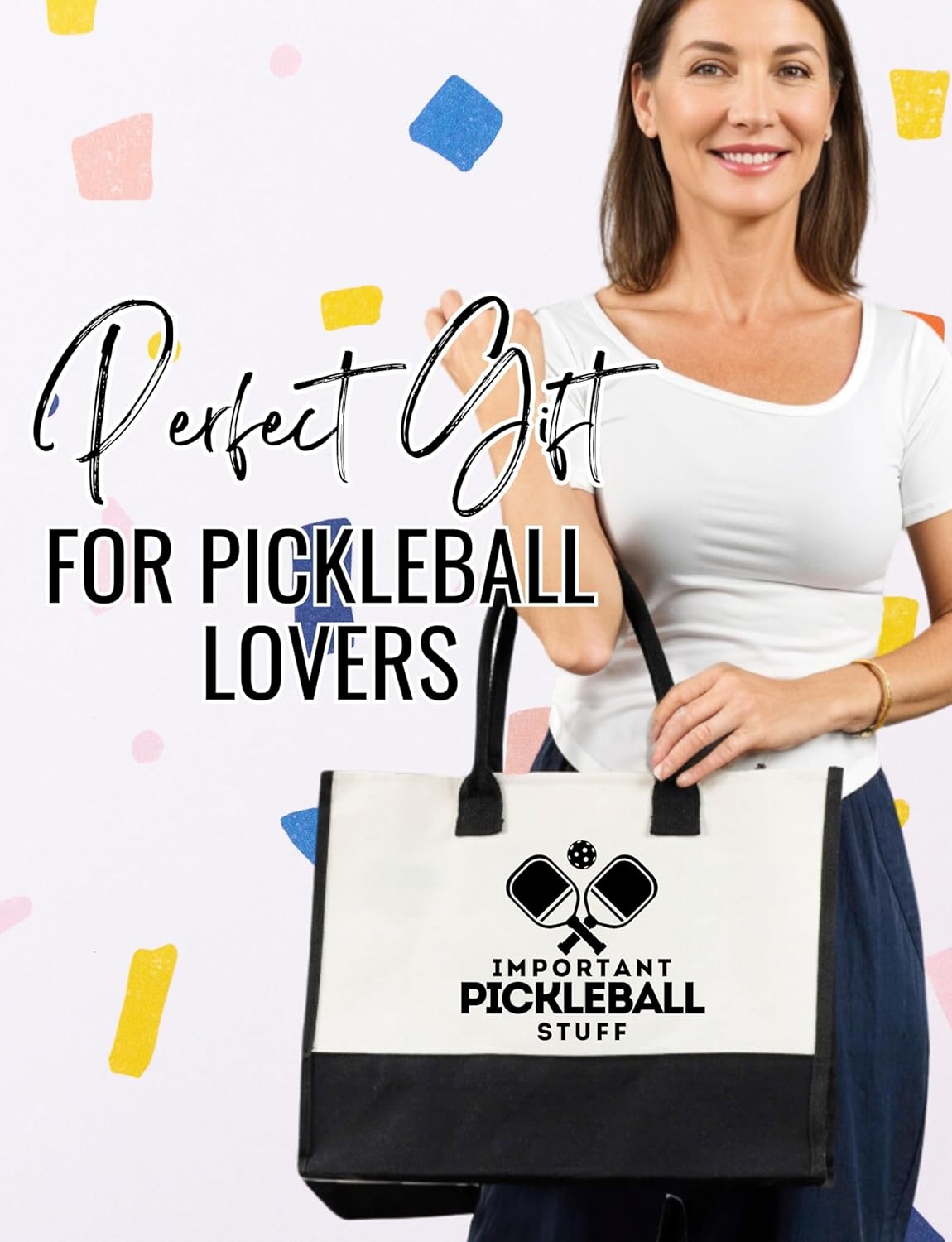 InnoBeta Pickleball Gifts for Women Canvas Tote Stuff Bag with Top Zipper, Shoulder Strap