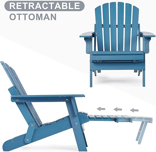 Miniatura 5 de Silla Adirondack plegable de madera de gran tamaño con otomana, respaldo y tabla de asiento premontados, silla de descanso para patio al aire libre,