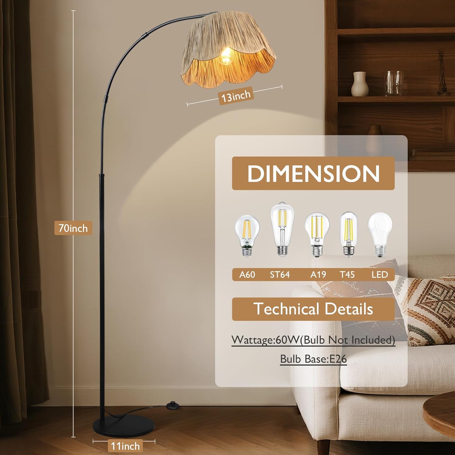 Boho Rattan Floor Lamps for Living Room,Arc Floor Lamp with Hand Woven Shade,70'' Tall Lamp with Black Metal Stand,Foot Switch,Farmhouse Standing Lamp for Bedroom,Over Couch Reading Light,Nursery