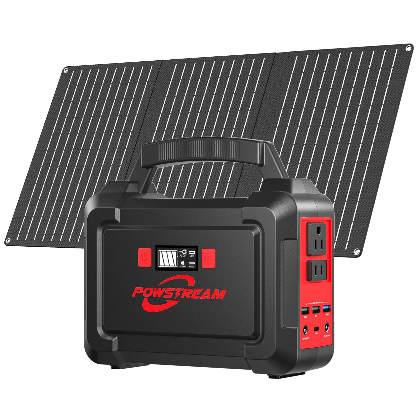 POWSTREAM Solar Powered Generator 167Wh Portable Power Station with Solar Panel 30W Included, 100W Power Bank with AC Outlet QC3.0 for Camping Boat Trip Hunting Outdoor Adventures Emergency Backup