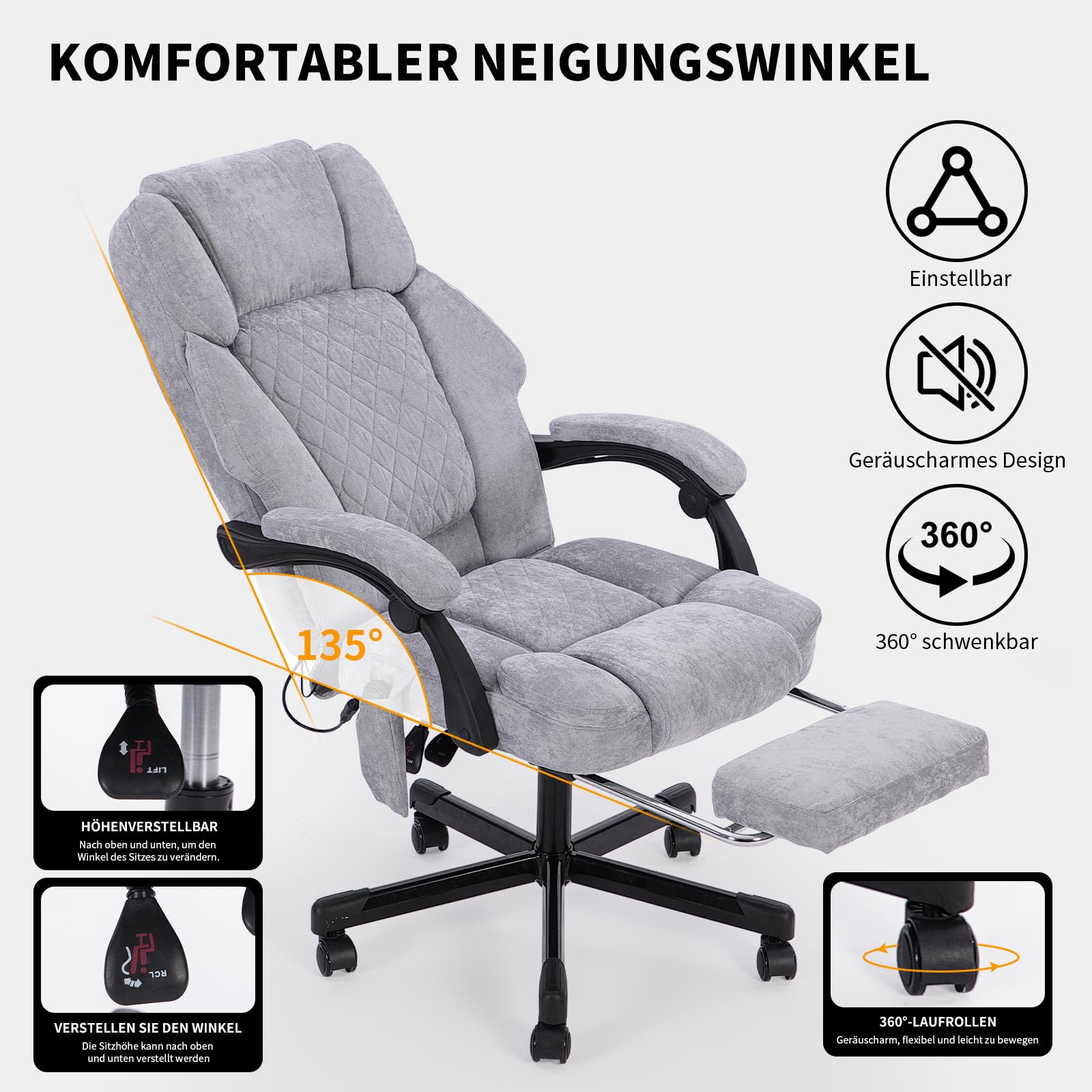 bürostuhl ergonomisch,Massage und Wärmesessel Stuhl, drehstuhl mit fußstütze, möbel für arbeitszimmer, pc Stuhl, chefsessel, Stoff (grau)
