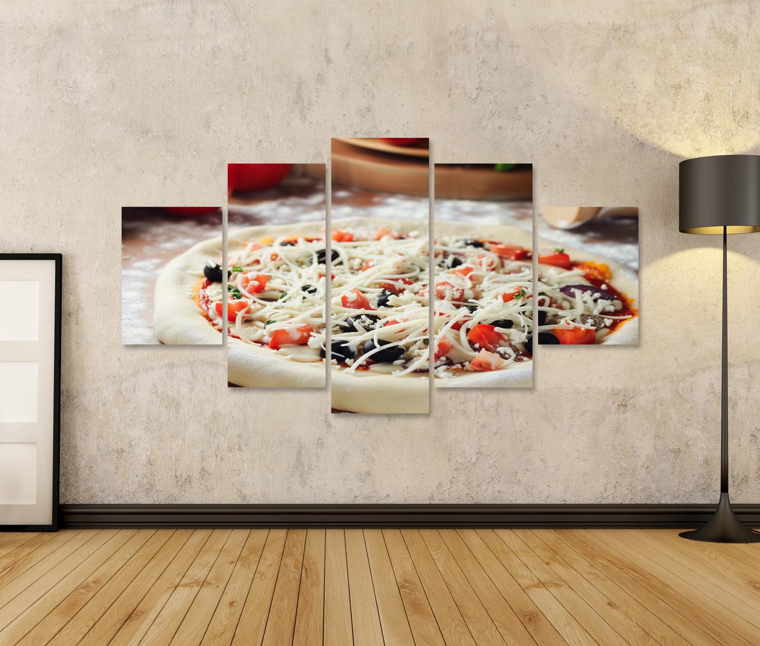 islandburner Quadro su tela Impasto per pizza preparato con condimenti, pronto per il forno! cucina pizzeria murale Immagini