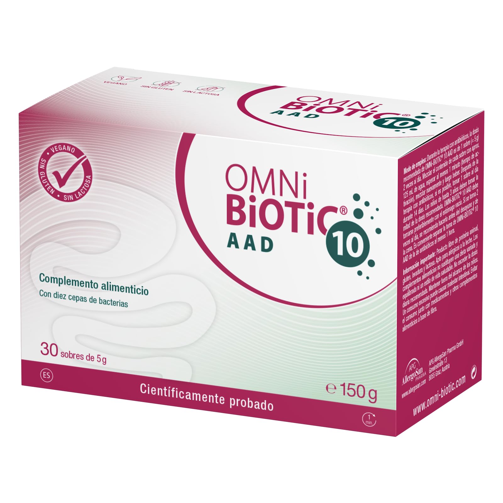 OMNi BiOTiC 10 AAD | 30 sobres (150 g) | Probiótico | 10 cepas bacterianas | 10 mil millones de bacterias por dosis diaria | Polvo | Con inulina | Vegano | Sin gluten | Sin lactosa | Para uso diario