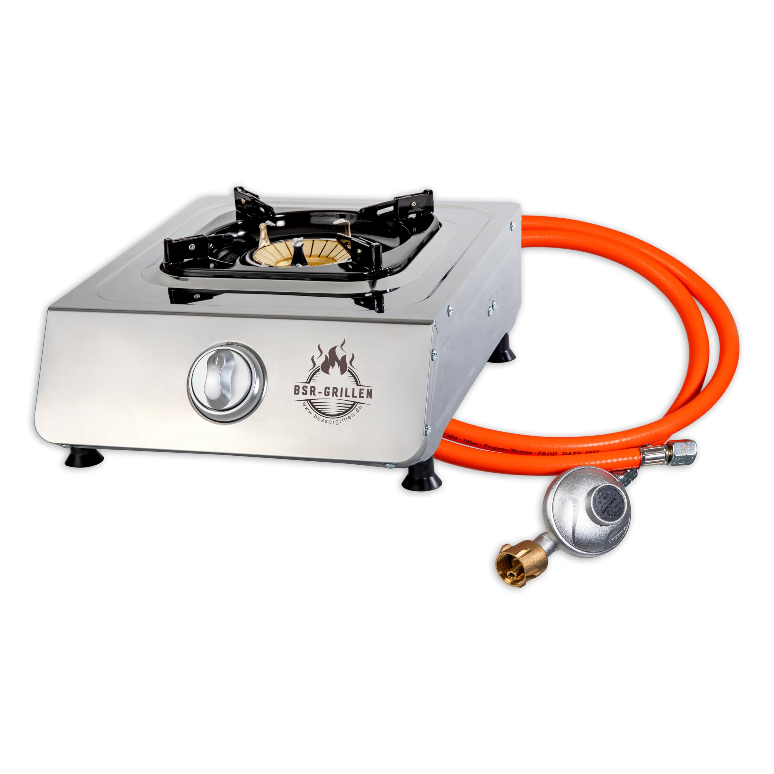 Gaskocher Edelstahl Campingkocher mit 5,5 kW Leistung, Piezozündung, Zündsicherung, 150 cm Gasschlauch, Druckminderer 50 mbar, Pfannenständer aus Emaille (1-flammig)