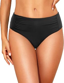Women Full Coverage Bikini Bottoms - Mid Rise Ruched Swimsuit Bottom