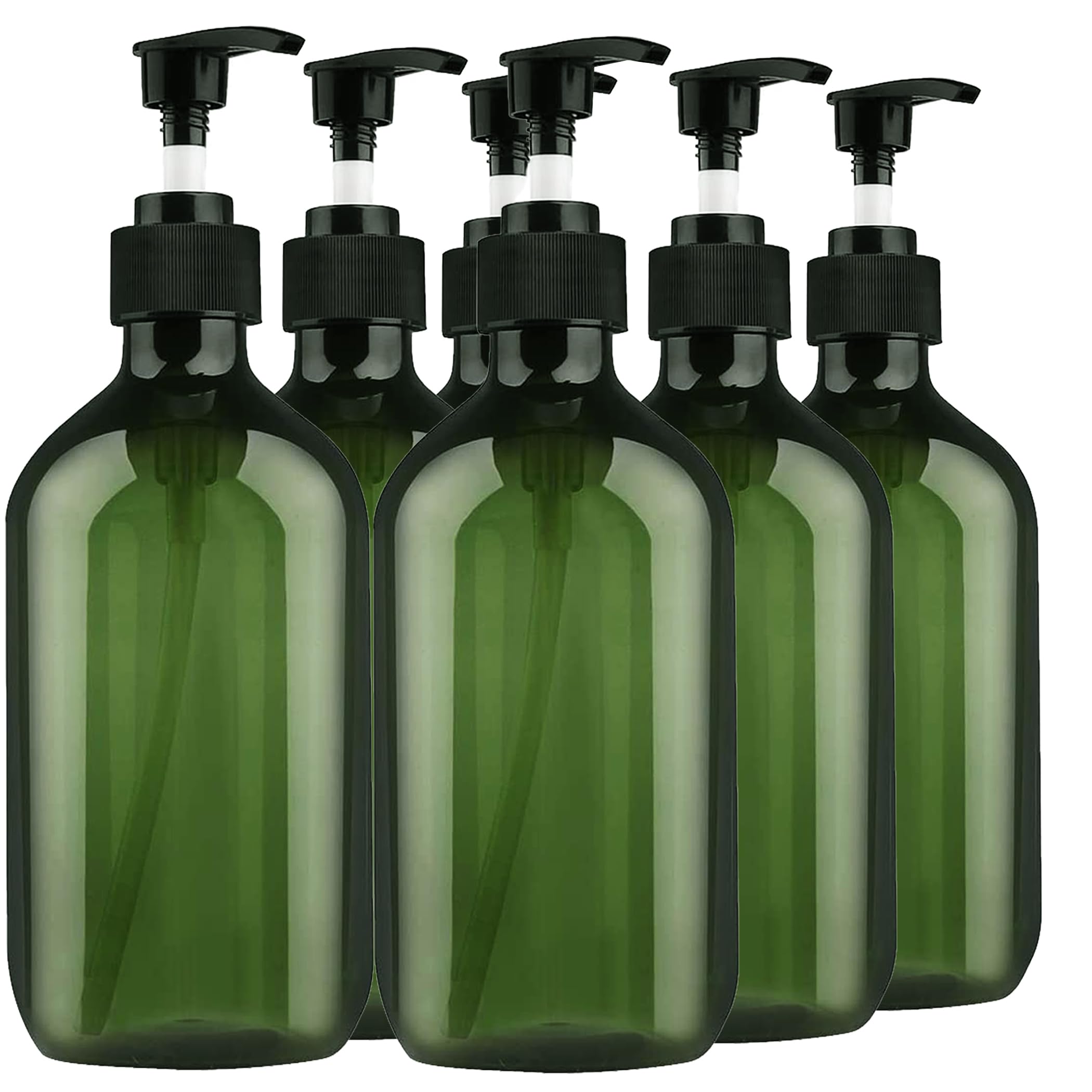 6 Pack Green Pump Bottle Dispenser, Empty Plastic Refillable Lotion Soap Shampoo Dispenser Containers with Pump, Show Soap Dispenser Bottles, BPA/Paraben Free, 500ml/16.9oz
