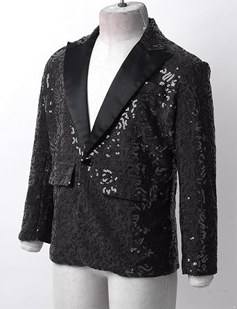 Kids Boys Sequin Jacket Suit One Button Tuxedo Blazer Wedding Dinner Party Disco Costume Prom Gown