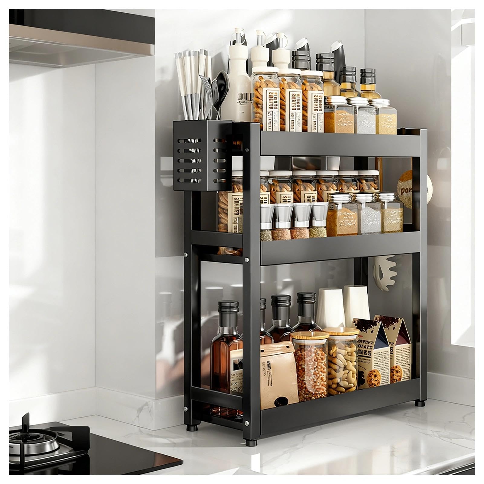 WYQXTY Wall Mount Kitchen Spice Utensil Rack Kitchen Countertop Spice Rack With Hooks & Utensil Holder, Multicolor, Multiple Sizes(Black,3 Tier-30cm)