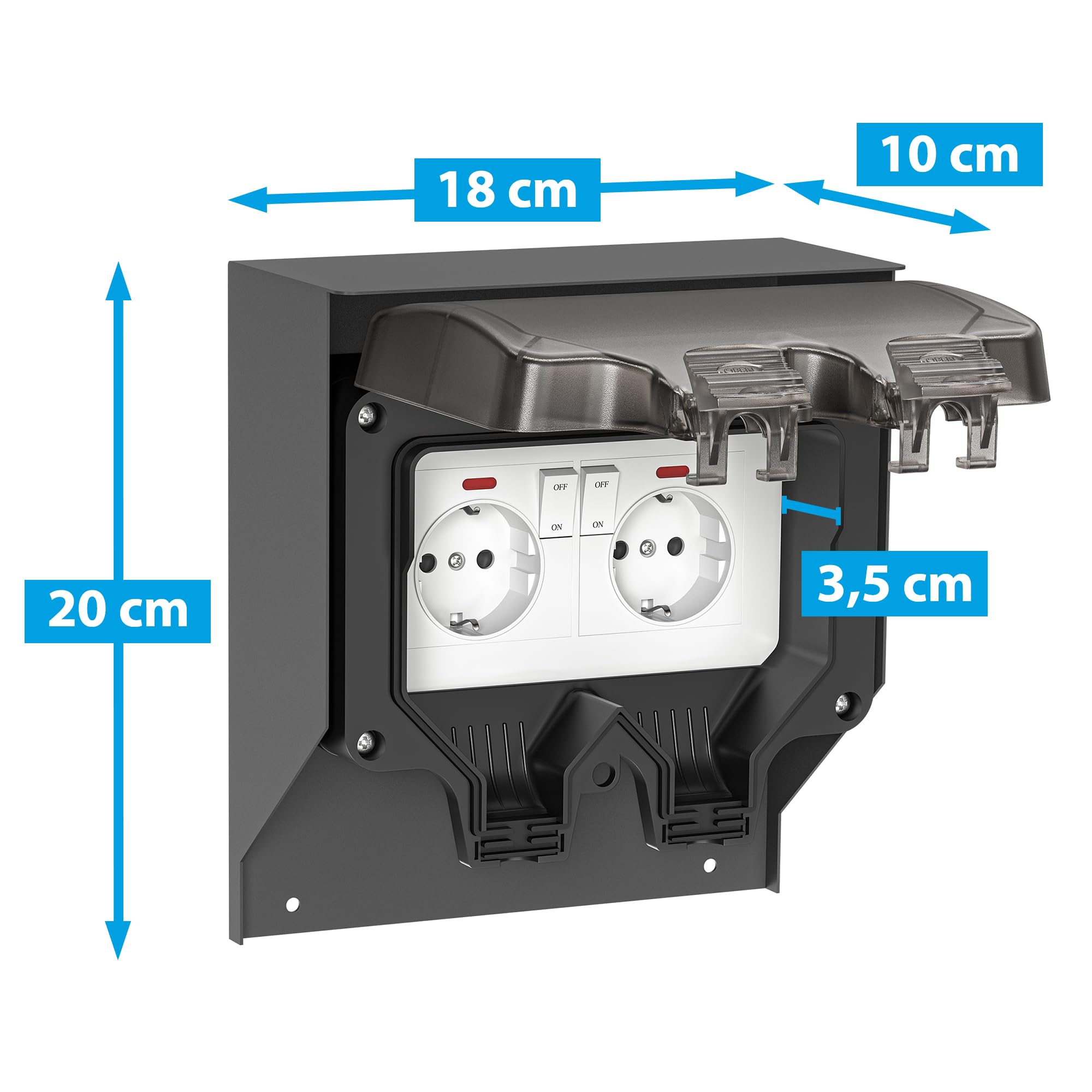 ledscom.de 2 tomas de corriente POXO para exterior, IP65, doble, acero inoxidable, antracita/negro, cuadradas, 20 cm