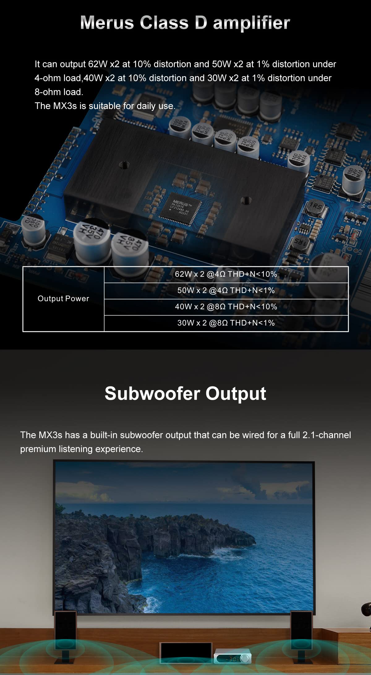Topping MX3s Amplifier 62W x 2 Classe D amplificatore di potenza Uscita subwoofer 700mW x 2 amplificatore per cuffie 24-bit/192kHz AKM USB C DAC Supporto Bluetooth Nero