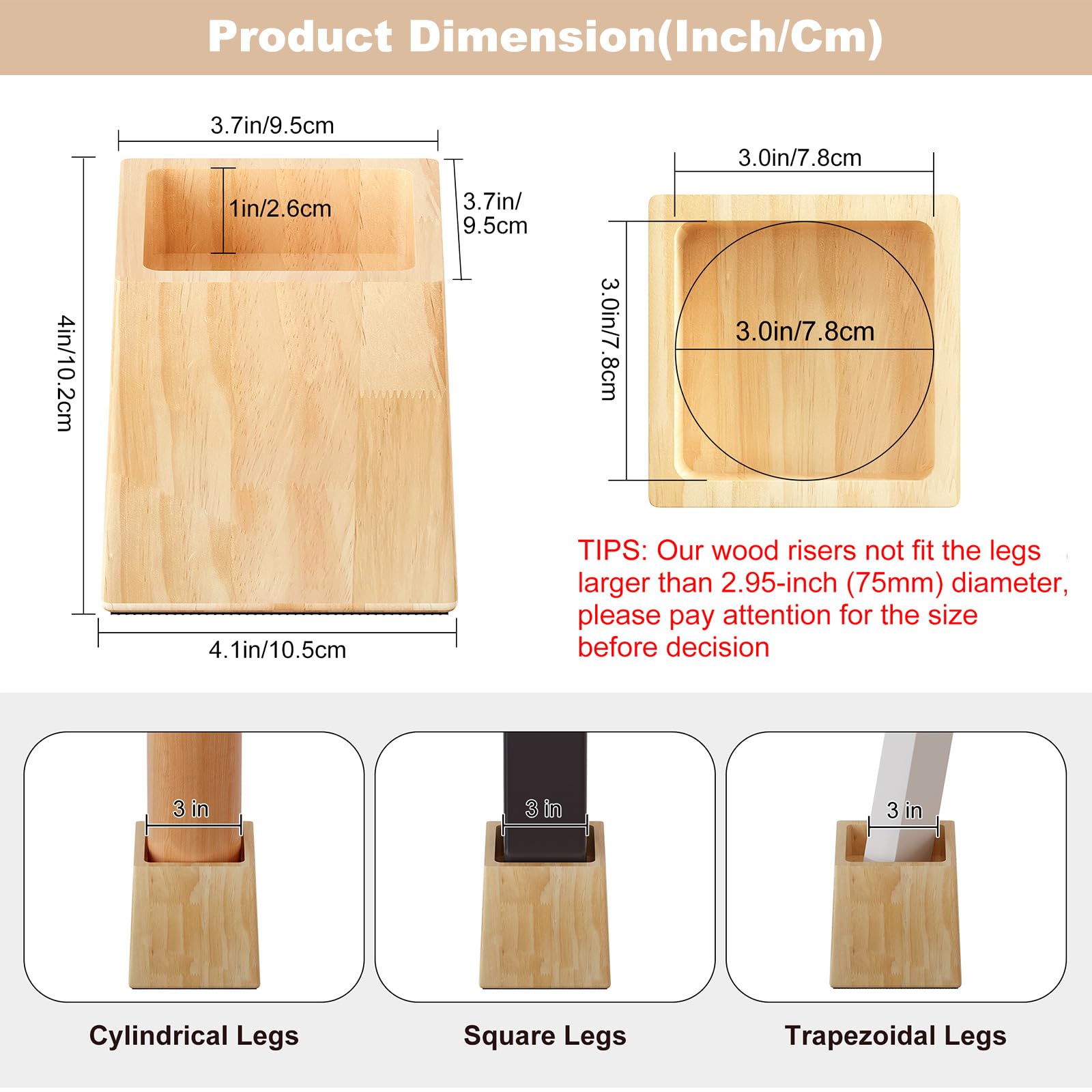 Rialzi per letto in legno, 10,2 cm (interno 3H), confezione da 4