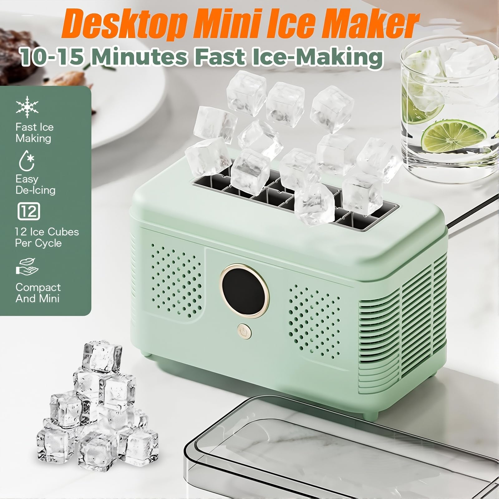 Macchina per Il Ghiaccio da banco, Macchina per Il Ghiaccio Portatile da Tavolo, con 12 cubetti in 10-15 Minuti, Mini Macchina per Il Ghiaccio compatta, per Ufficio, casa, Camper (White)