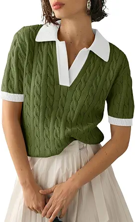  Womens Cable Short Sleeve Sweaters Tops Lapel V Neck Knit Shirt