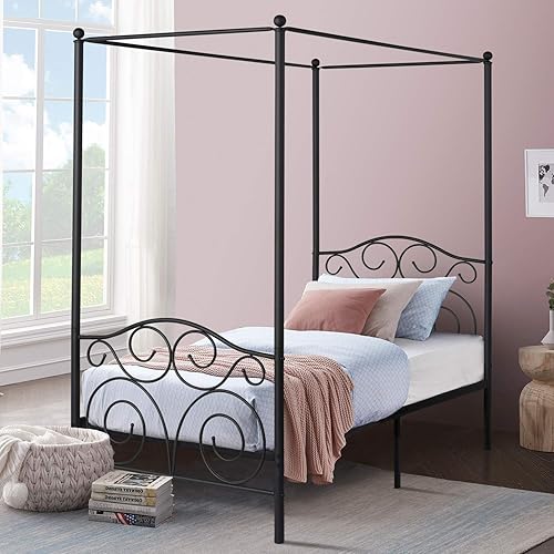 VECELO 4 Corner Metal Canopy Bed Frame, Platform Mattress Foundation, Four Corner Bedding Mosquito Netting Bracket, No Box Spring Needed (Black, Twin)