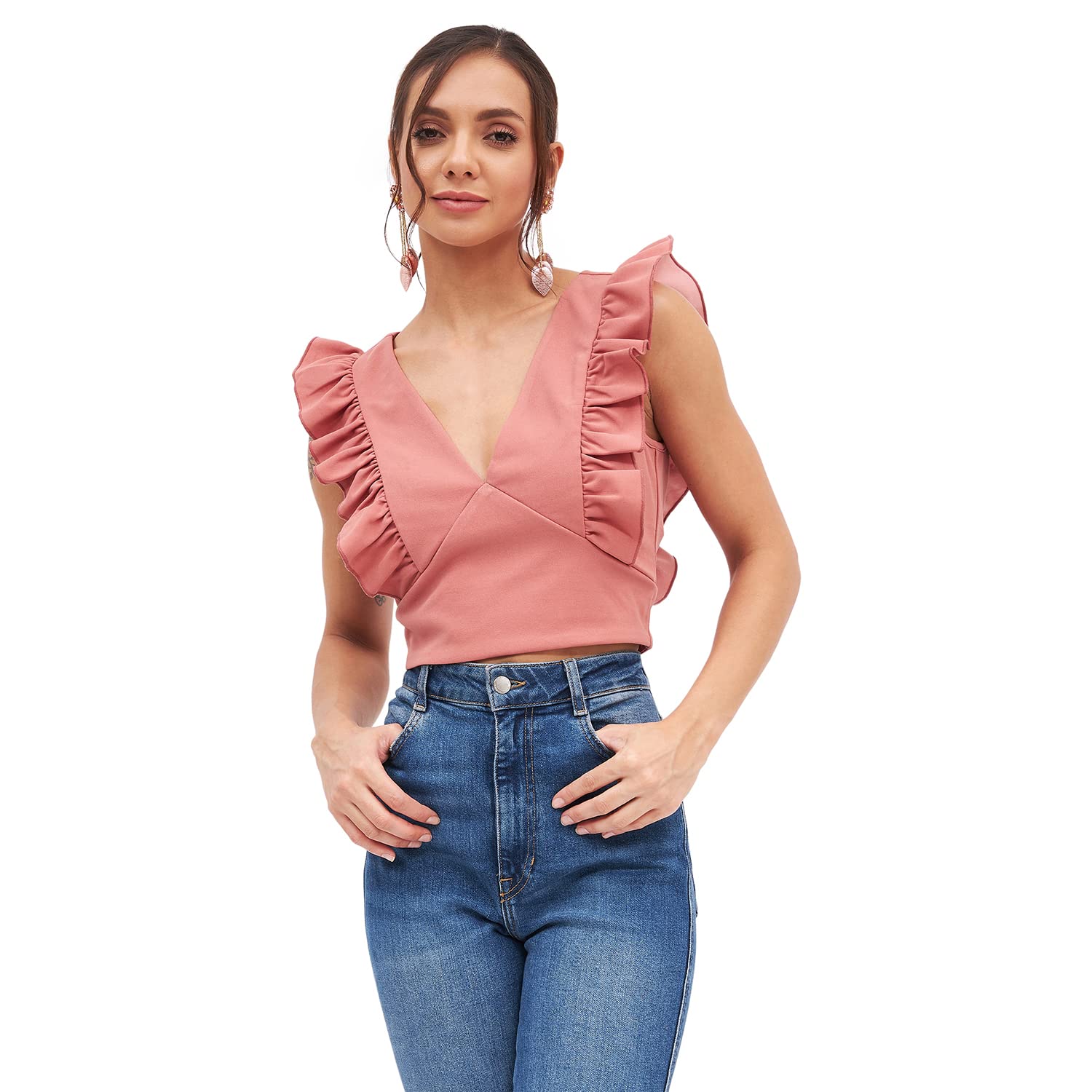Casual Women's Polyester Rust V Neck Solid Crop Top-image-29