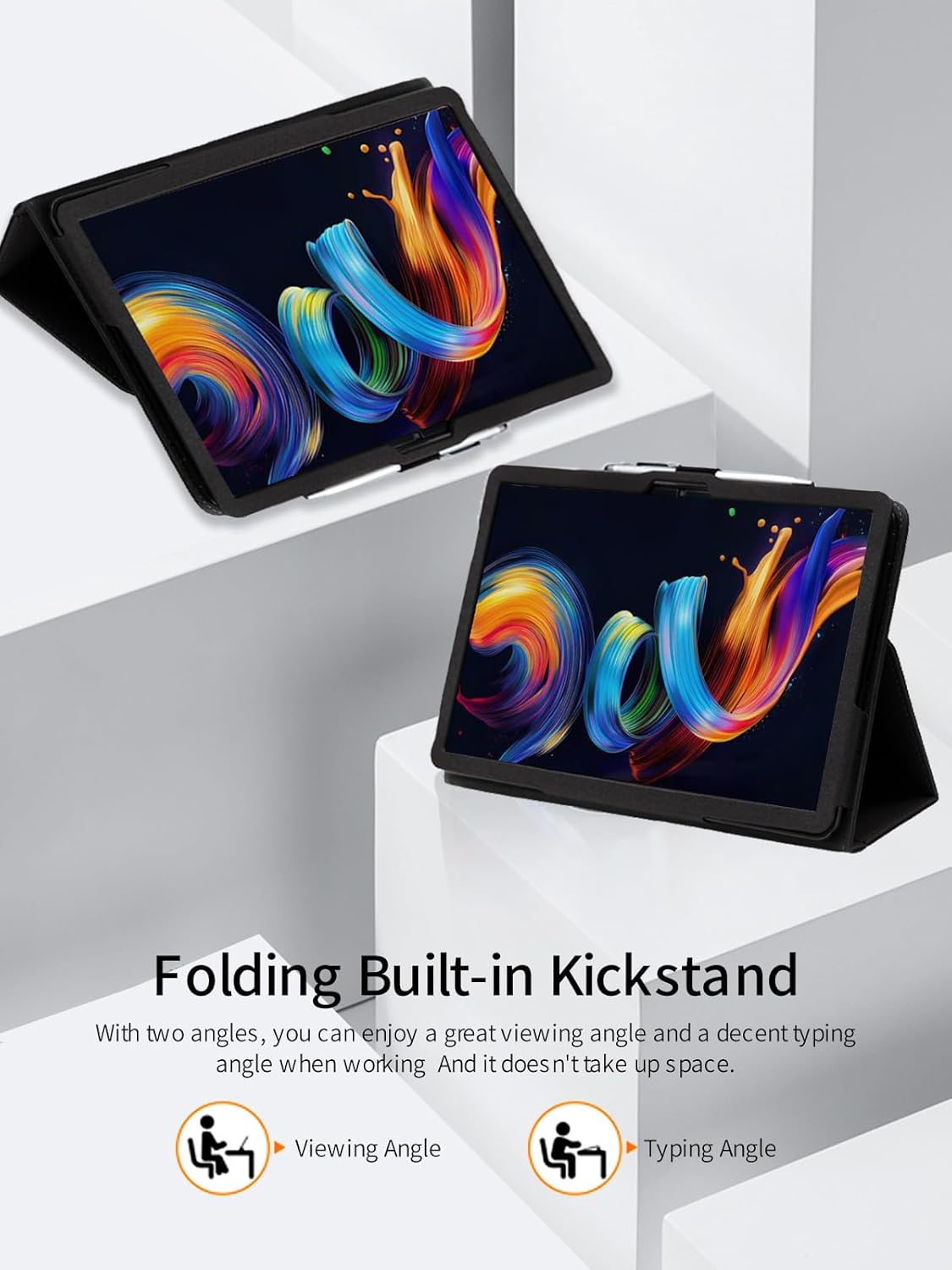 Two views of the tablet case showing different folding angles for viewing and typing.